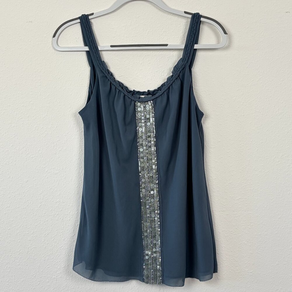 Coldwater Creek Sequined Sheer Tank Top Camisole Teal Blue PM 10 12 Blue Gray